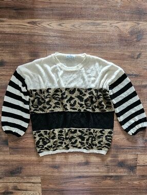 Pink Lily x Living My Best Style Women's Animal Print Striped Sweater Small S